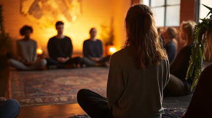 Woman leads a group meditation session in a dimly lit room.
