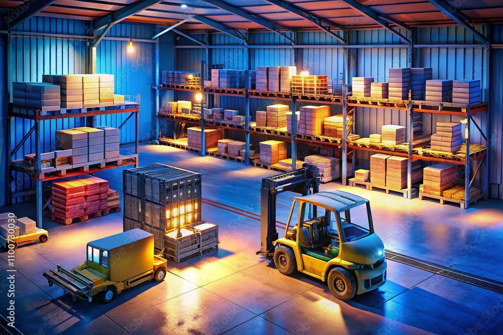 Poster nighttime warehouse operations: isometric loading and unloading of goods with a forklift in a busy i