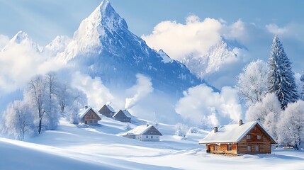 A picturesque winter landscape featuring a small village with smoke rising from chimneys and a snow-covered mountain in the background 