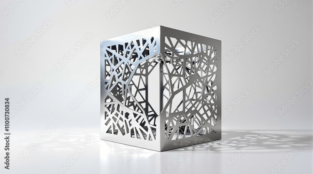Poster intricate geometric cube with metallic design on white background