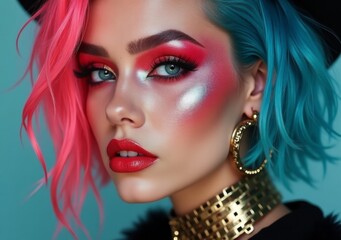 Fototapeta premium Vibrant portrait of a woman with colorful hair and striking makeup at a photoshoot
