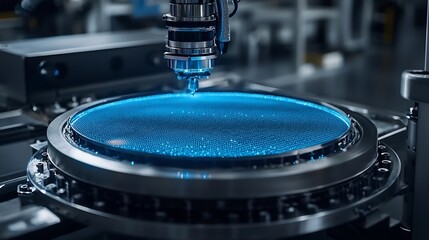 Futuristic Silicon Wafers Glowing with Abstract Blue Patterns Surrounded by Advanced Manufacturing Machinery