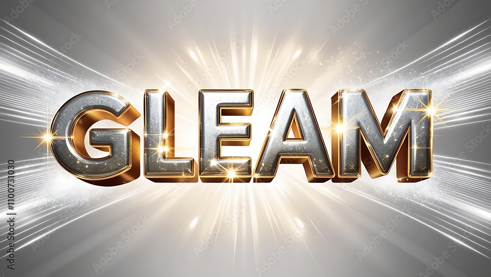 Poster gleaming metallic text effect with light rays and sparkles.