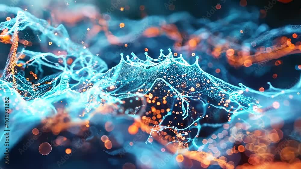 Poster vibrant abstract background with glowing particles and flowing waves of color