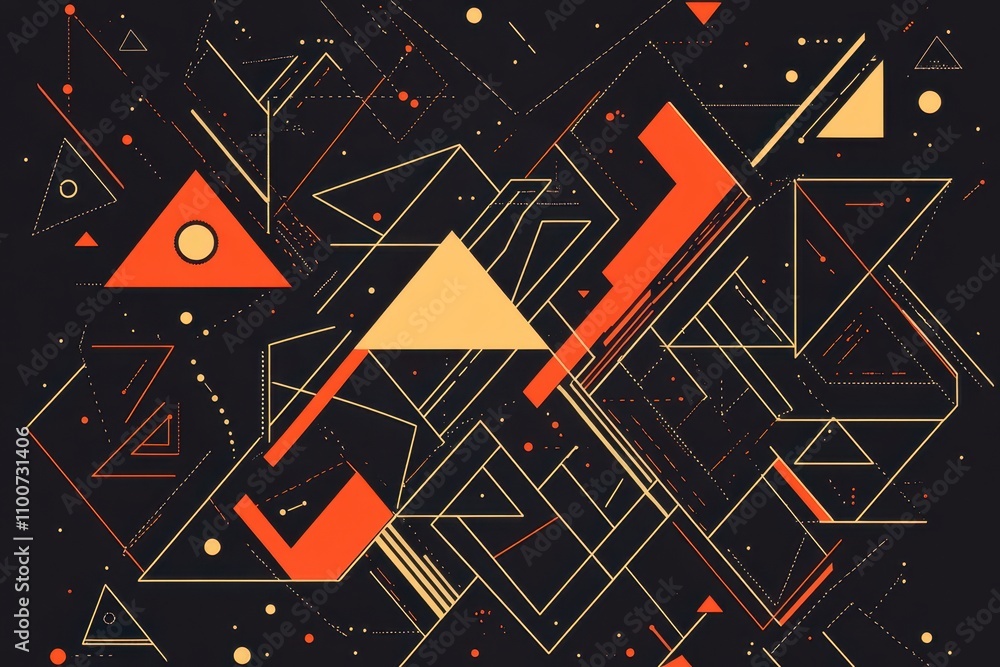 Poster A vibrant abstract design featuring geometric shapes in red, orange, and yellow against a dark background, creating a dynamic visual impact.