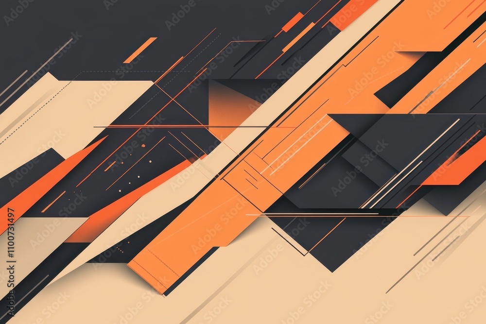 Poster A modern abstract design featuring sharp angles and contrasting colors, predominantly orange and black, creating a dynamic visual effect.