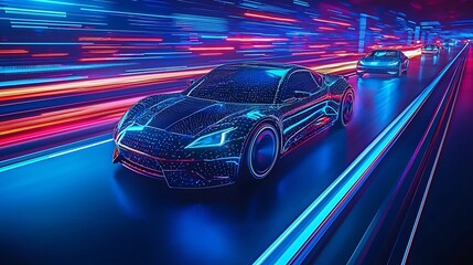 Futuristic Eco Friendly Highway with Wirelessly Charging Electric Vehicles and Abstract Blue Lighting