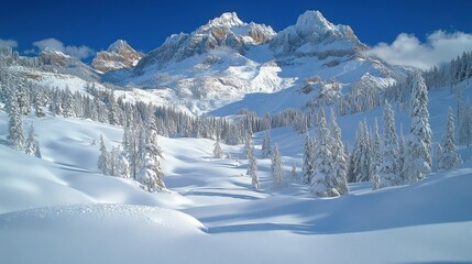 A serene winter landscape featuring snow-covered mountains and trees under a clear blue sky.
