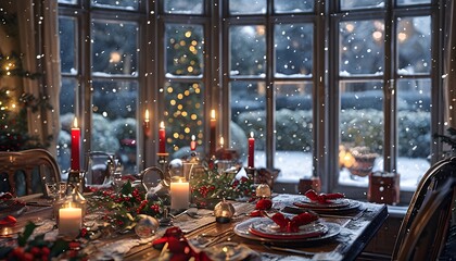 Charming Holiday Table Set in Front of a Large Bay Window Overlooking a Snowy Garden