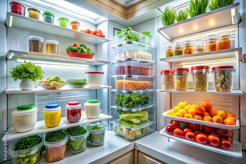 Poster organized fridge shelves with clear containers for dairy and vegetables in a minimalist kitchen spac