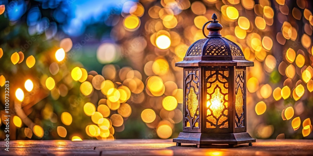 Poster ornate metal lantern illuminating a warm bokeh background with copy space for text overlay and creat