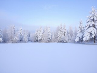 Obraz premium Snow-covered landscape with frosty trees and patches of untouched snow, scenic, snowy