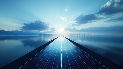 Expansive Solar Farm and Wind Turbines Amid Desert Landscape and Serene Blue Skies