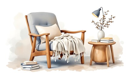Fototapeta premium Reading book clipart with a cozy chair and lamp. watercolor illustration, Perfect for nursery art, simple clipart, single object, white color background.