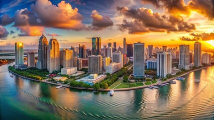 Naklejka premium Panoramic Aerial View of Downtown Miami with Skyscrapers, Bay, and Vibrant City Life at Sunset, Showcasing Urban Landscape and Coastal Beauty in South Florida