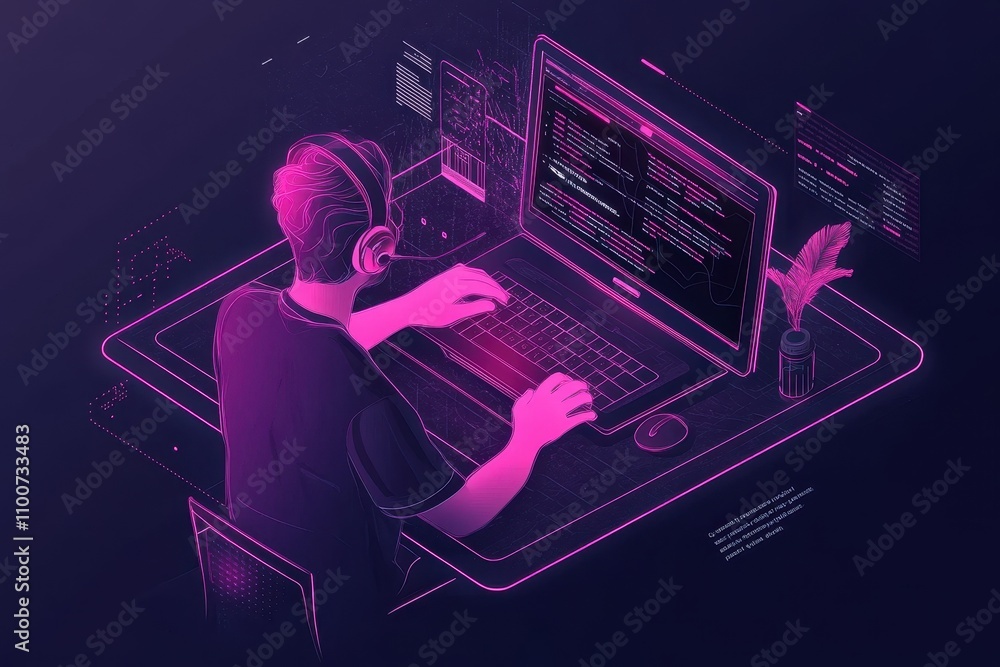 Poster A digital illustration of a person coding on a laptop, surrounded by futuristic data visuals in vibrant colors, showcasing the essence of modern programming.