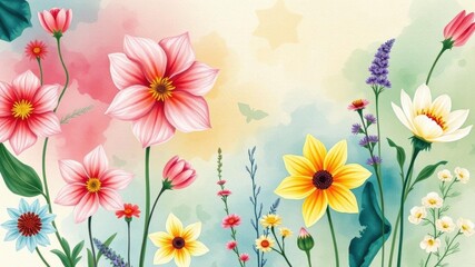 Vibrant watercolor floral pattern featuring blooming flowers and lush greenery, illustration, painting