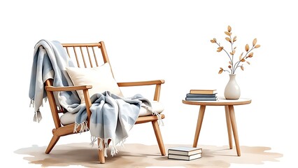 Fototapeta premium Reading book clipart with a cozy chair and lamp. watercolor illustration, Perfect for nursery art, simple clipart, single object, white color background.