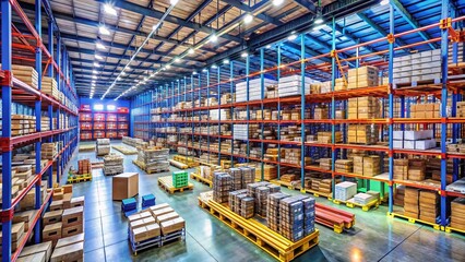 Panoramic Photography of Inventory Management Concepts with Icons for Organization, Efficiency, and Logistics in a Dynamic Warehouse Environment