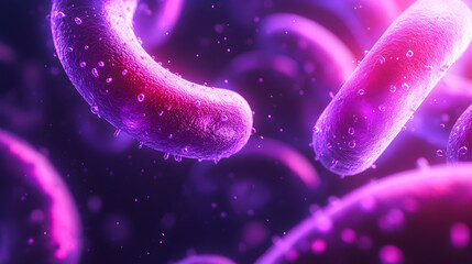 A vibrant purple microscopic view of bacteria with glowing textures and intricate surface details.