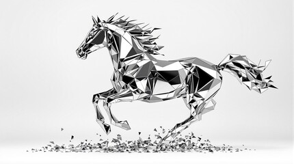 Futuristic geometric chrome horse in motion with fragmented design on a white background