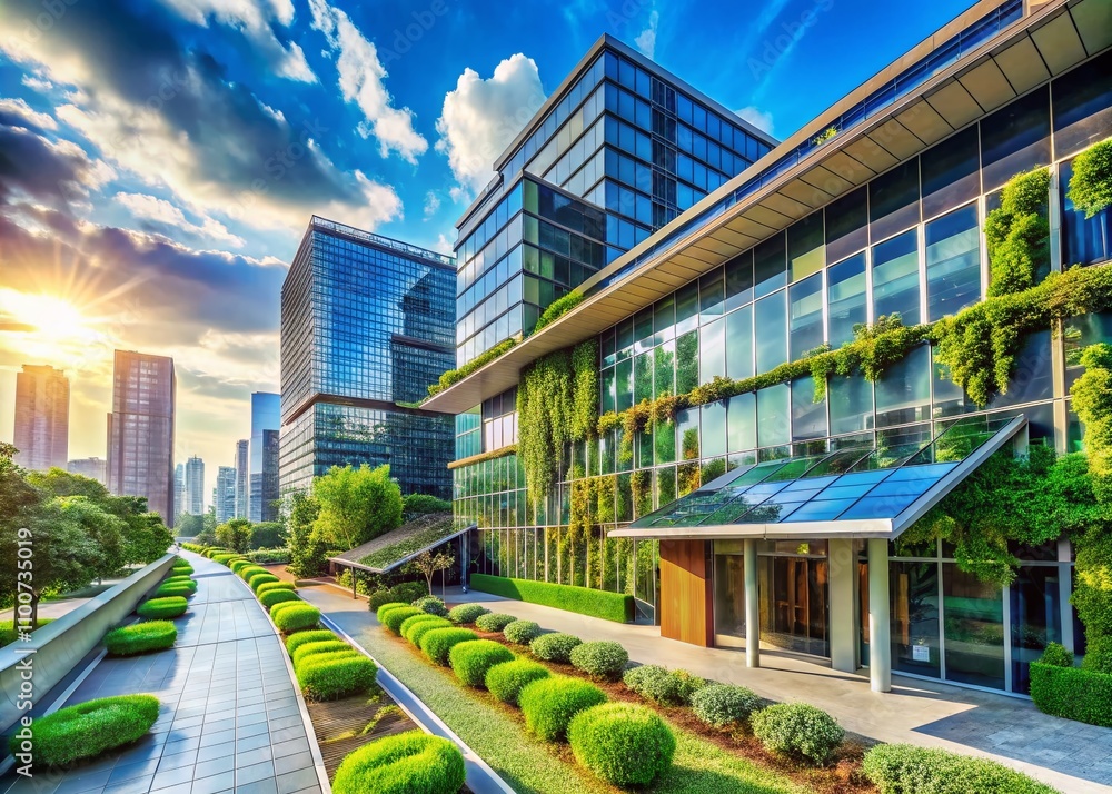 Poster panoramic view of a modern smart building featuring automated systems and energy efficient technolog