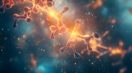 A glowing DNA strand illuminated in orange and blue tones, surrounded by a vibrant cellular background, symbolizing scientific advancement.

