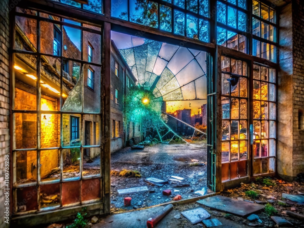 Poster panoramic view of an urban setting featuring a broken glass door window with shattered pieces reflec