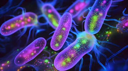 Rod-shaped glowing bacteria in a purple and green neon color scheme, emphasizing bioluminescent structures in a microscopic setting.

