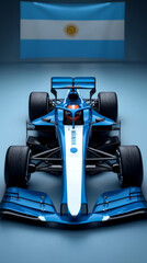 F1 car with Argentina flag and Franco Colapinto racing helmet in studio shotv