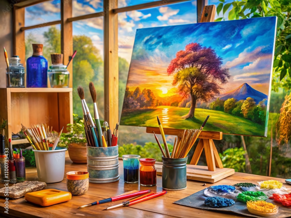 Aufkleber panoramic view of a paint brush on canvas, symbolizing creativity and artistic expression in a vibra