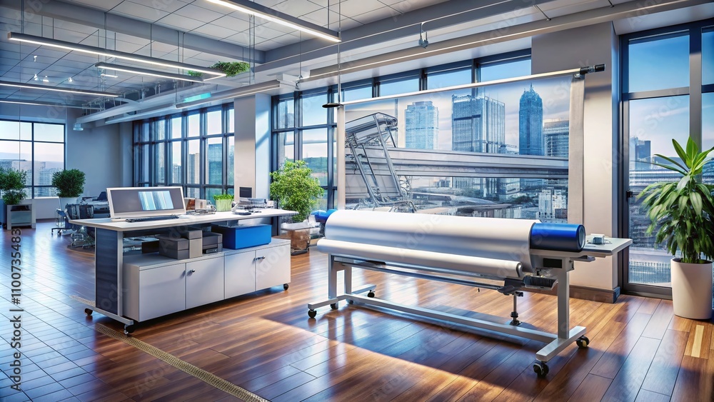 Poster panoramic view of a professional engineering office with a large format plotter for technical drawin