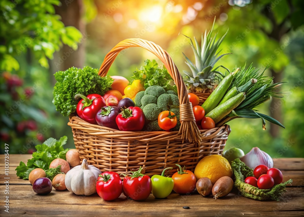 Poster panoramic view of a rustic basket overflowing with fresh vegetables and fruits on a wooden table sur