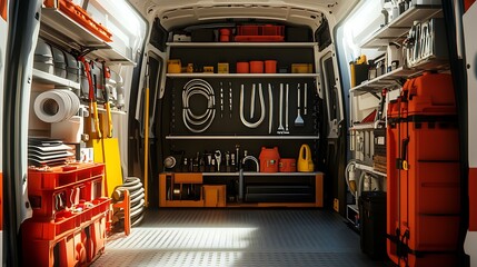 Well-organized service van interior with various tools and equipment.