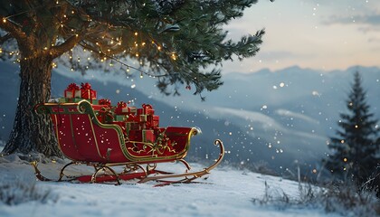 Whimsical Holiday Scene with Decorated Sleigh Under Twinkling Pine Tree