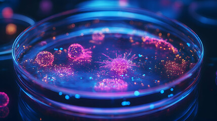 A microscopic view of glowing microorganisms in a petri dish, showcasing vibrant pink and blue hues in a scientific setting.

