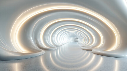 Obraz premium sleek modern white tunnel interior with flowing curved walls creating a sense of openness and infinity, symbolizing movement, progression, and the merging of technology with design
