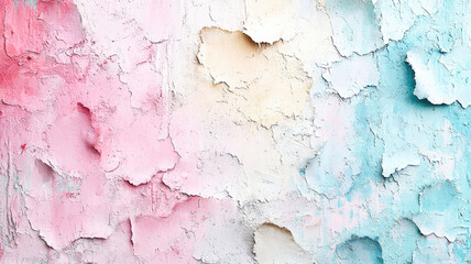 Obraz premium A wall featuring peeling layers of paint in soft pastel tones, showcasing a unique distressed texture that adds character and charm to vintage-inspired spaces. 
