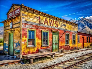 Obraz premium Panoramic View of Cracking Paint on the Side of Laws Railroad Museum in Bishop, California - Capturing Rustic Charm and Historical Details in a Scenic Landscape