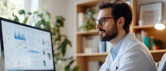 Obraz premium Doctor reviewing medical data on computer.