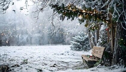 Winter Scene with Snow-Covered Meadow, Frosty Trees, and Glowing Lights