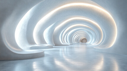 Fototapeta premium sleek modern white tunnel interior with flowing curved walls creating a sense of openness and infinity, symbolizing movement, progression, and the merging of technology with design