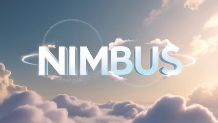 Nimbus cloudscape, 3D rendering of the word NIMBUS with orbiting rings, above fluffy clouds at sunrise.