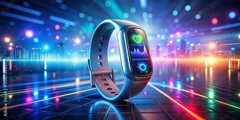 Poster panoramic view of holographic fitness tracker interface showcasing vital health metrics and gps navi