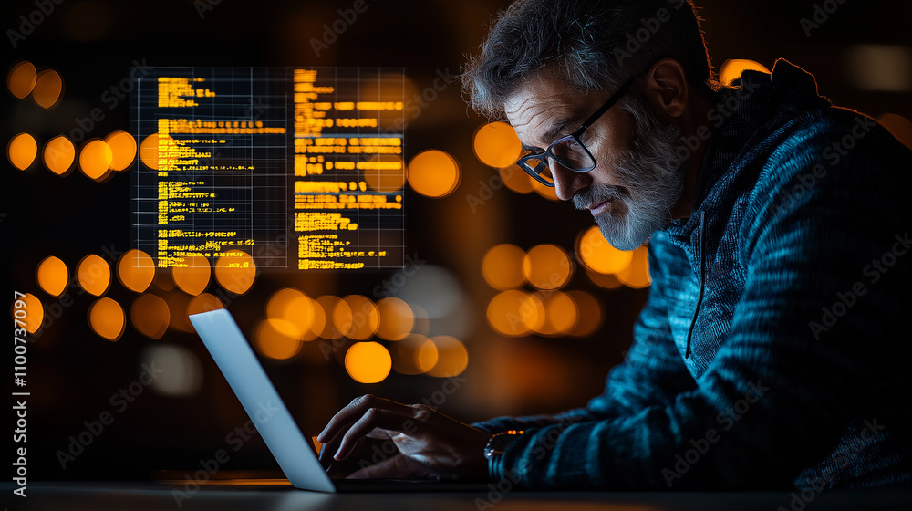 Poster man working on laptop with code displayed, focused and engaged