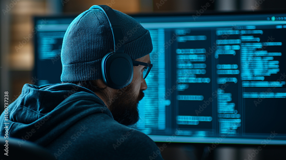 Poster hacker focused on coding, wearing headphones and beanie
