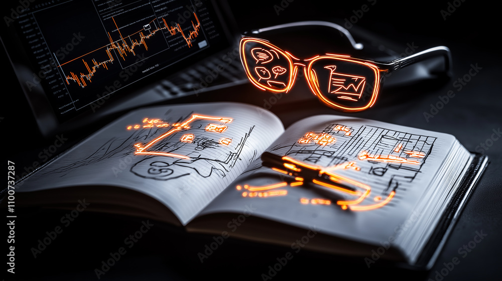 Fototapete close up of notebook with sketches, glasses, and data analysis