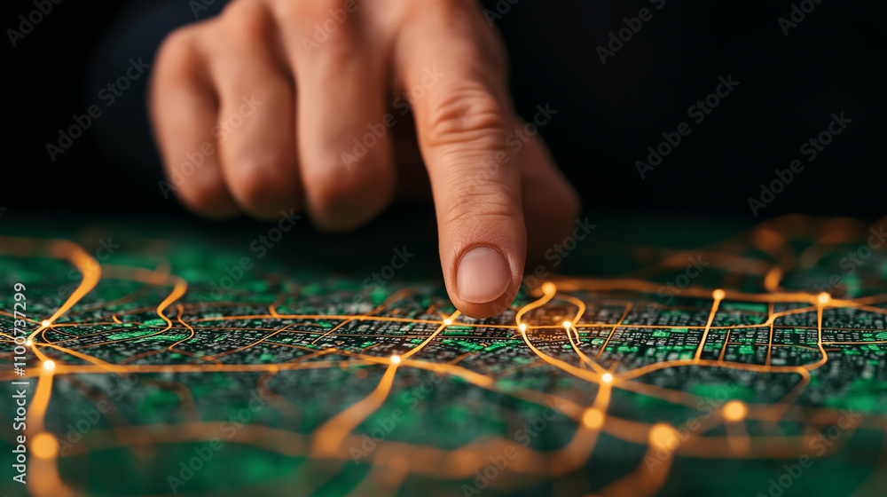 Poster close up of planner hand pointing to traffic map, highlighting routes