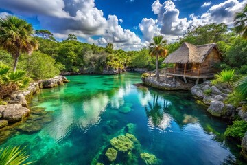 Fototapeta premium Panoramic View of Turtle House Cenotes, Tulum: A Serene Oasis in Yucatan's Natural Wonder Surrounded by Lush Vegetation and Crystal-Clear Waters, Perfect for Travel Enthusiasts