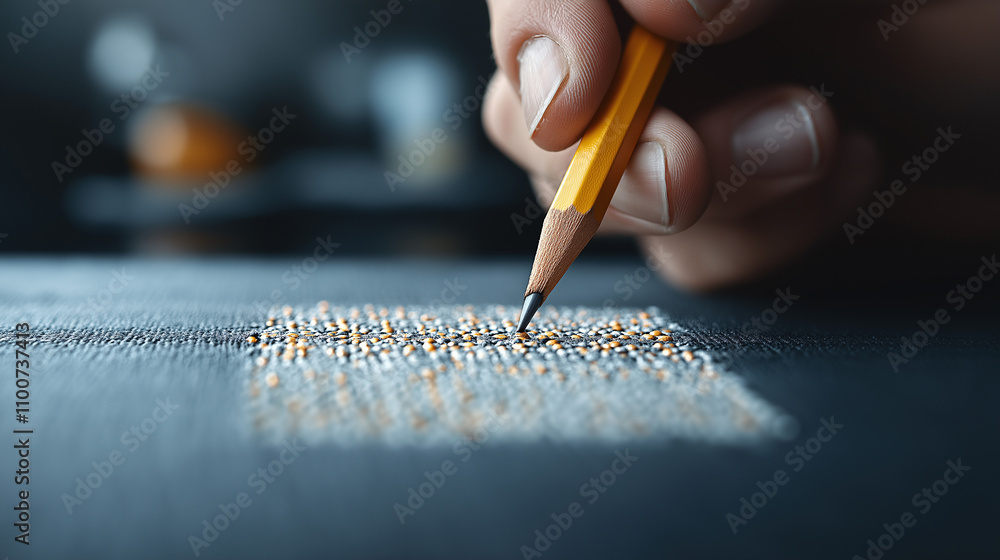 Poster close up of artist hand holding pencil, creating intricate patterns